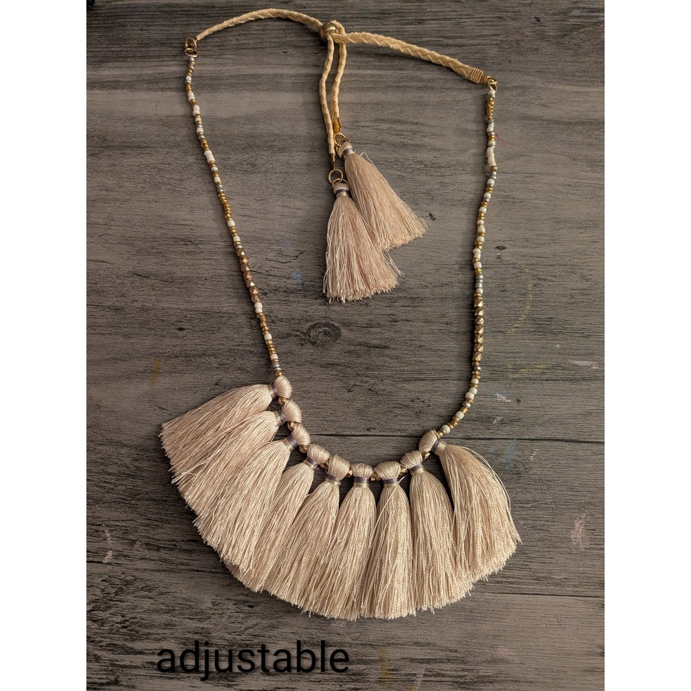 Boho Beaded Tassel Statement Necklace Tan Gold Adjustable Braided Cord Long